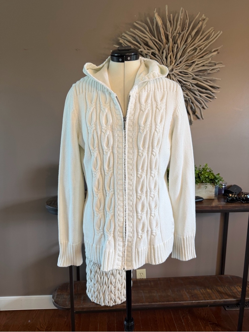 Calvin Klein Cable Knit Zip Up Sweater with‎ Hood in off White